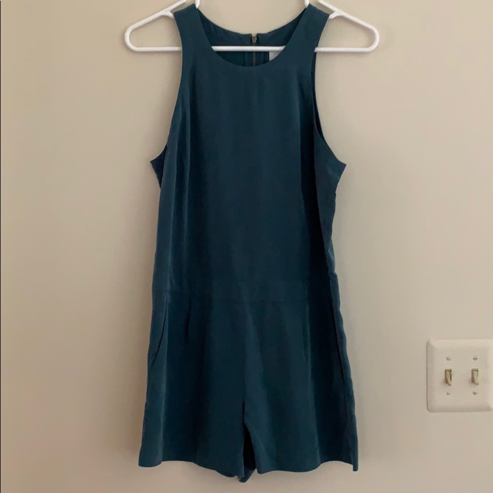 Teal Romper with Exposed Zipper & POCKETS